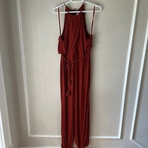 Anthropologie Rust Orange Jumpsuit with Tassel Ties